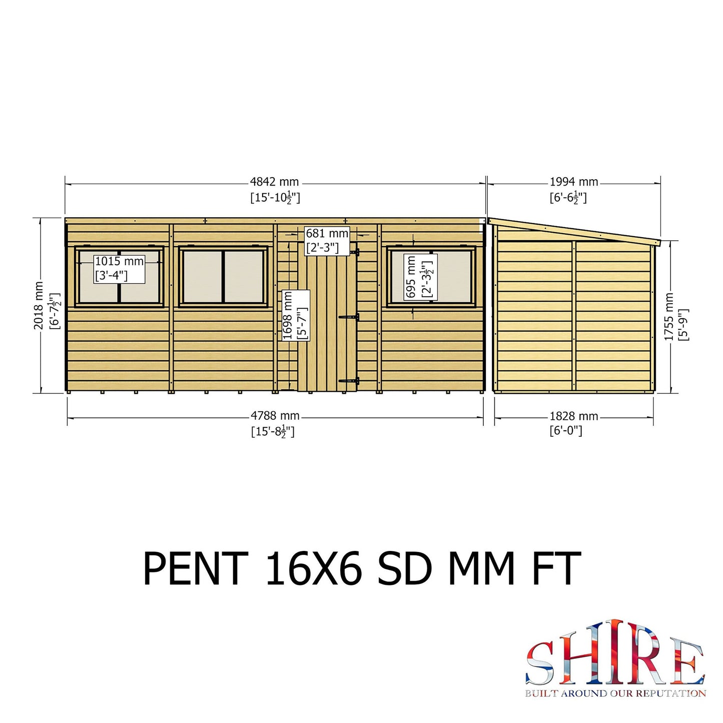 Pent 16 ft x 6 ft Shiplap Shed
