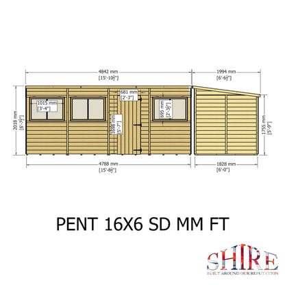Pent 16 ft x 6 ft Shiplap Shed